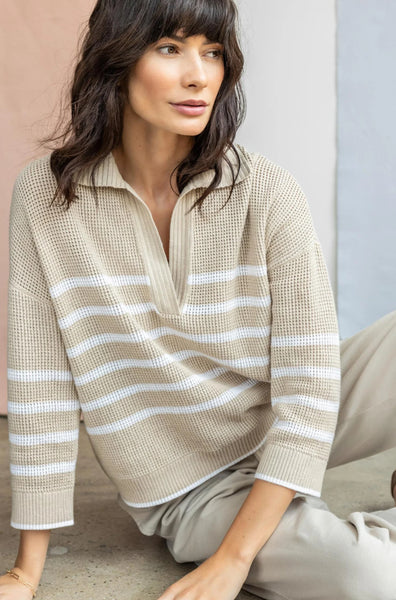Lilla P Textured Stripe L/S Polo Sweater in Husk/White