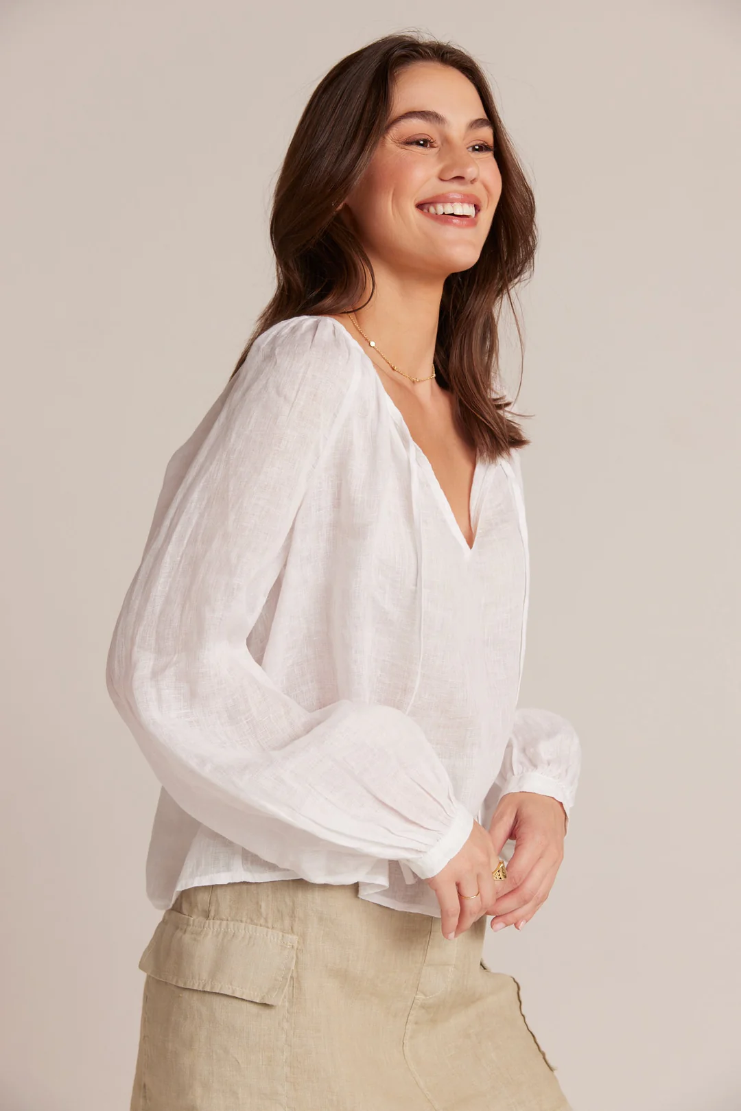 Bella Dahl Shirred Raglan Tie Front Blouse in White