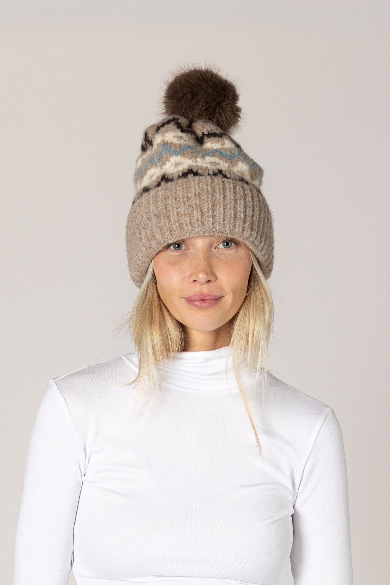 Lyla & Luxe Faux Fur Pom Pom Hat in Rhombus Drift