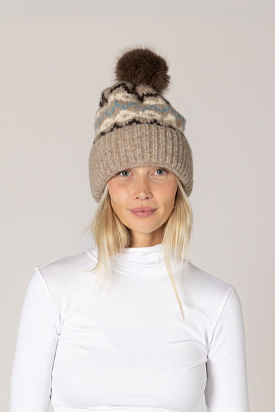 Lyla & Luxe Faux Fur Pom Pom Hat in Rhombus Drift