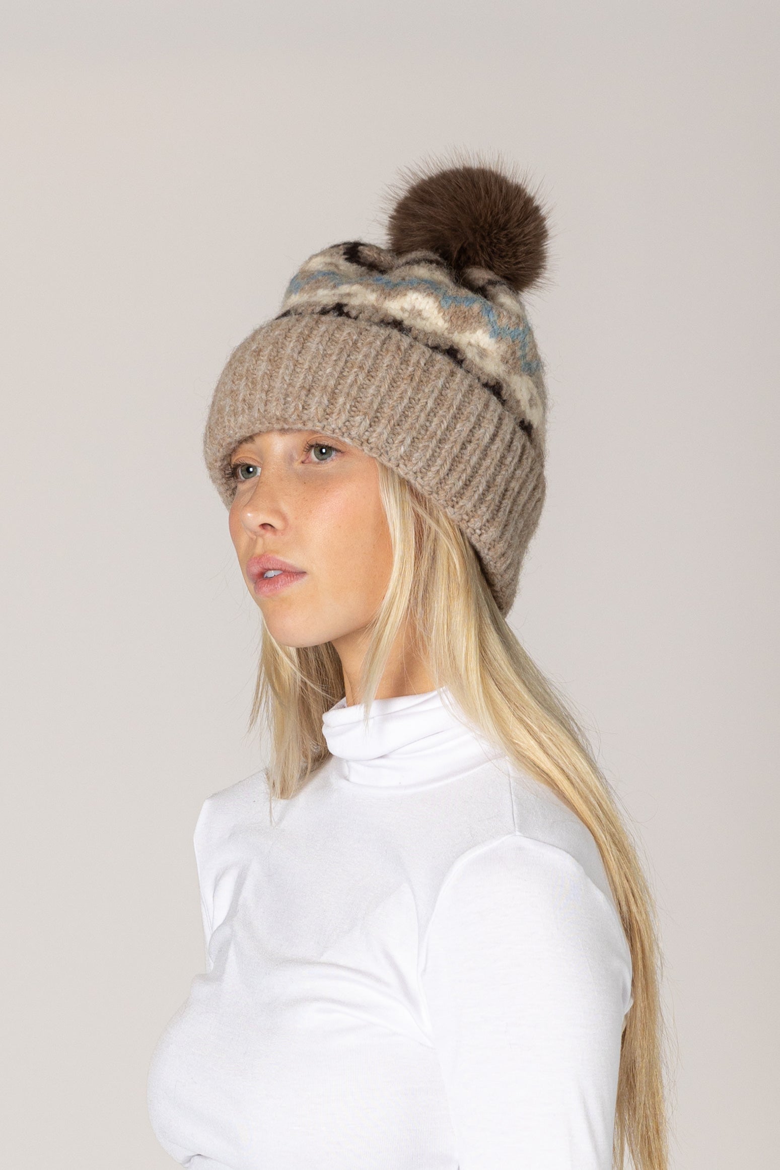 Lyla & Luxe Faux Fur Pom Pom Hat in Rhombus Drift