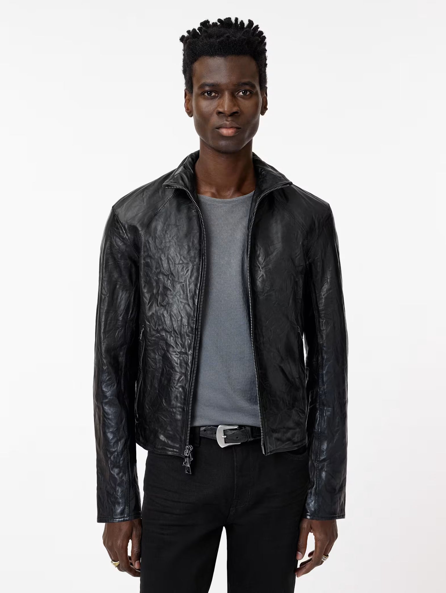 John Varvatos ANSEL Band Collar Leather Jacket -  Black