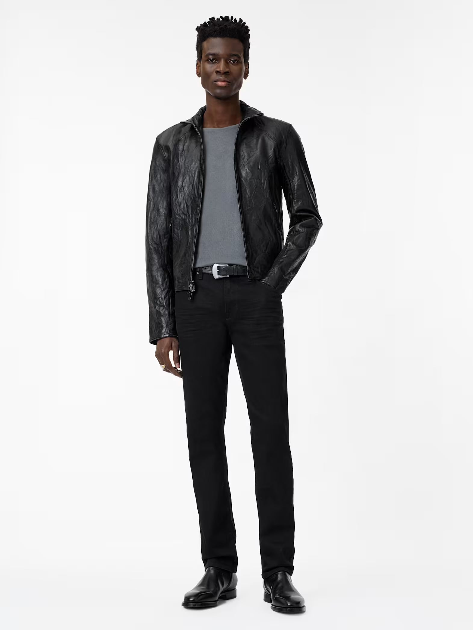 John Varvatos ANSEL Band Collar Leather Jacket -  Black