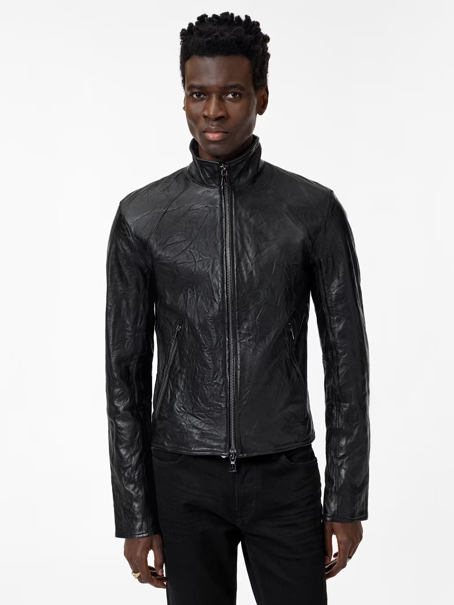 John Varvatos ANSEL Band Collar Leather Jacket -  Black