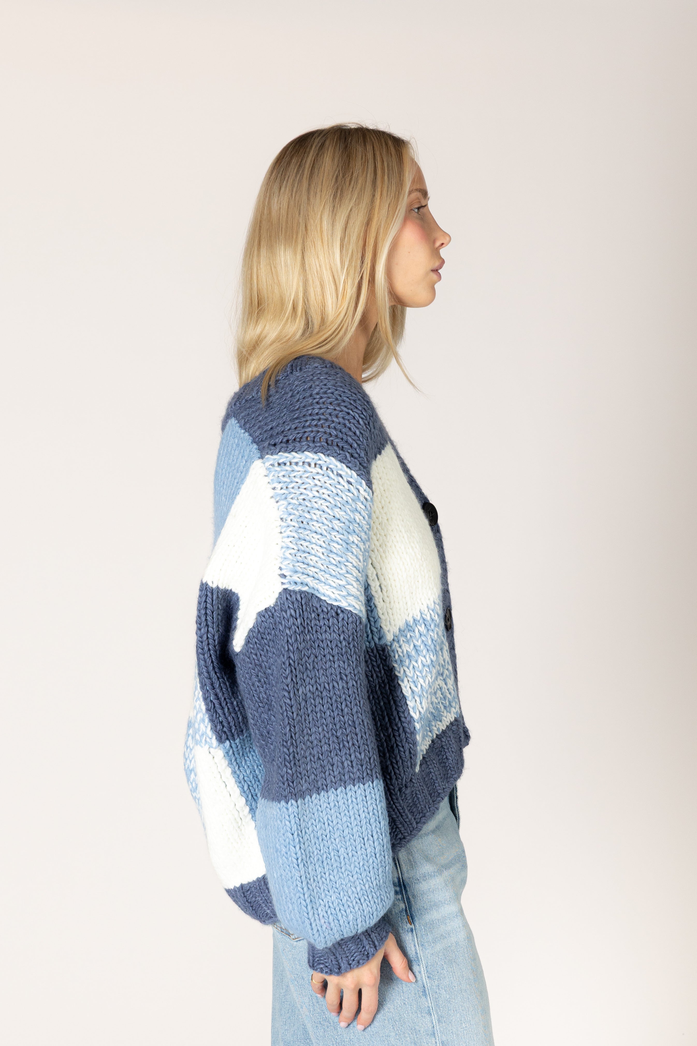 Lyla & Luxe Lenny Hand Knit Cardi in Blue/Denim/White
