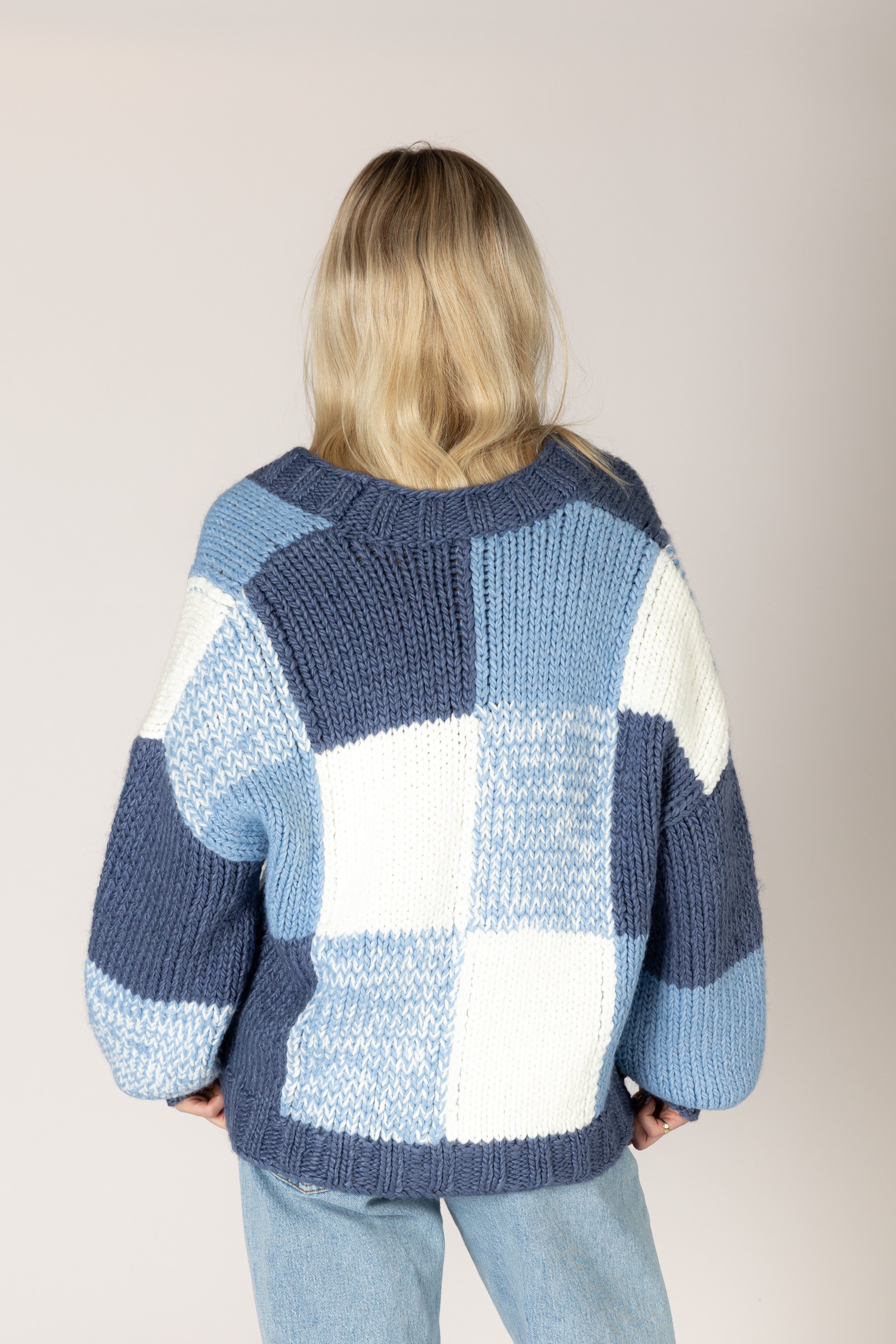 Lyla & Luxe Lenny Hand Knit Cardi in Blue/Denim/White
