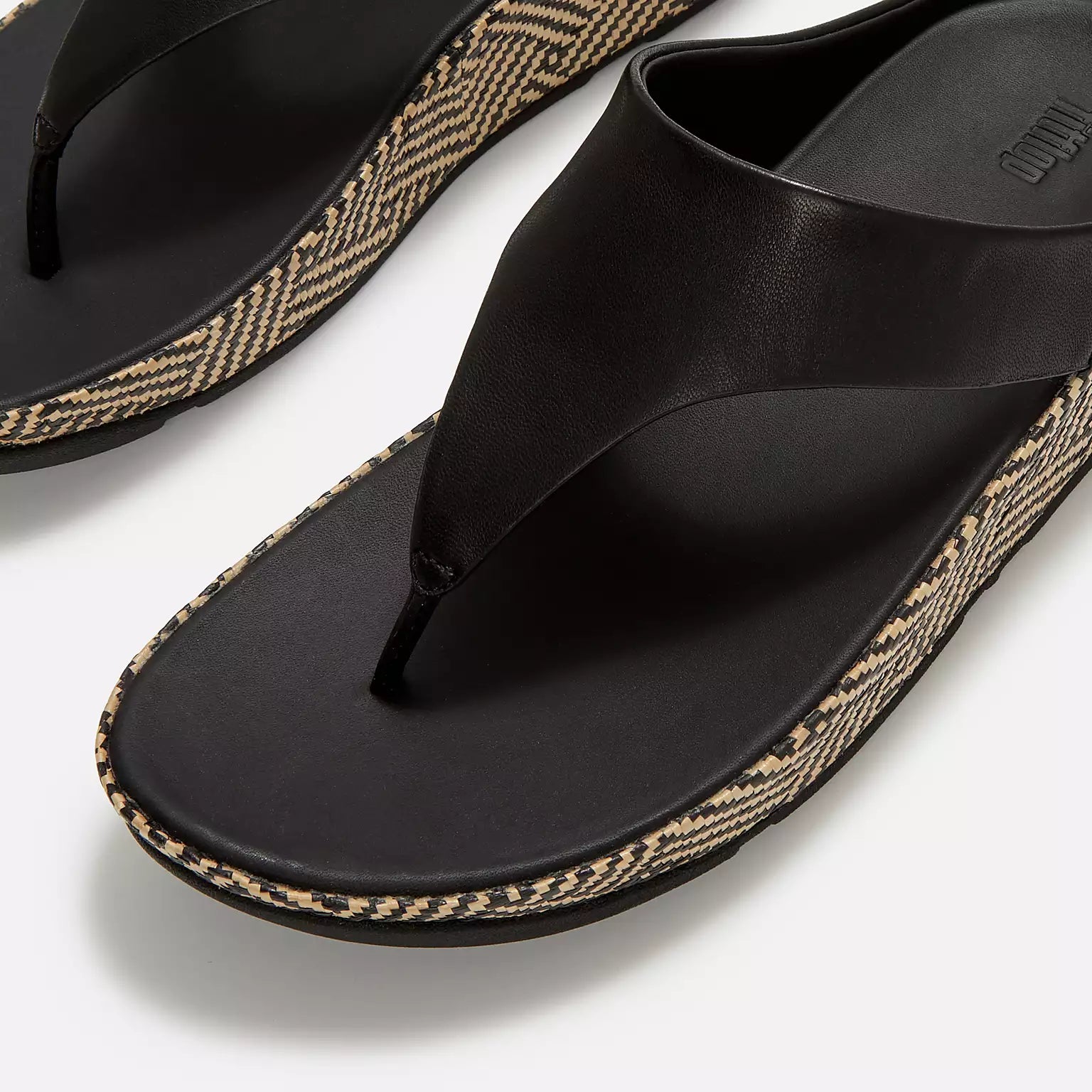 FitFlop LULU Leather Toe-Post Sandals with Rattan Sole in Black