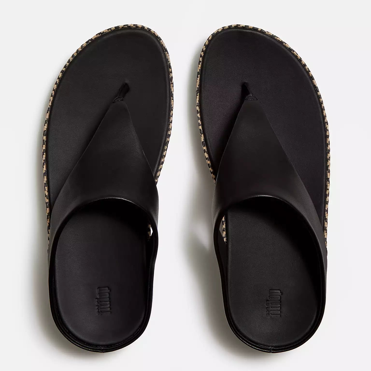 FitFlop LULU Leather Toe-Post Sandals with Rattan Sole in Black