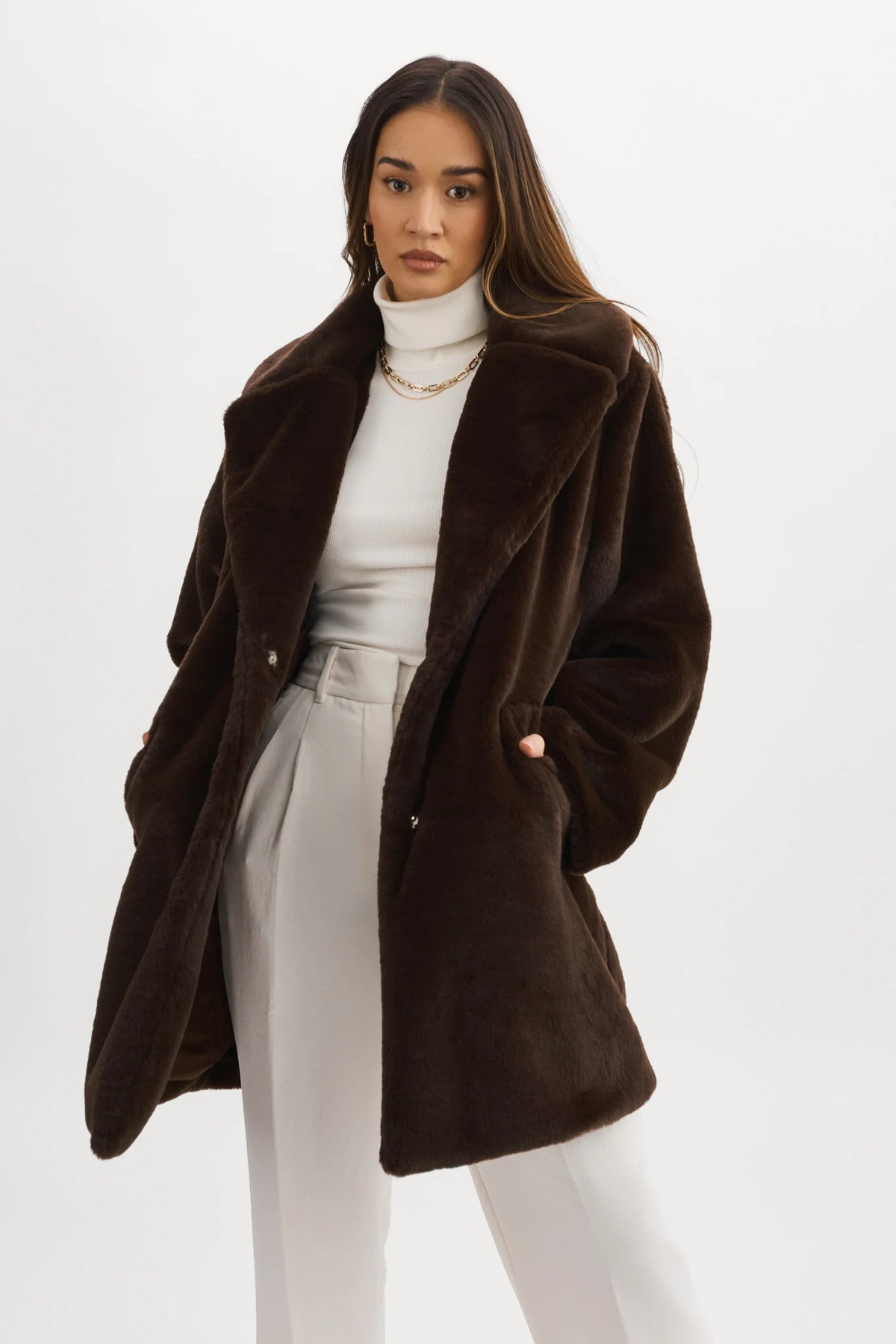 LAMARQUE Linnea Faux Fur Coat in Bitter Chocolate