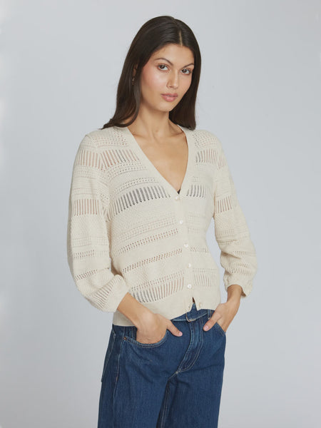 autumn cashmere Pointelle 3/4 Puff Sleeve Cardigan in Natural