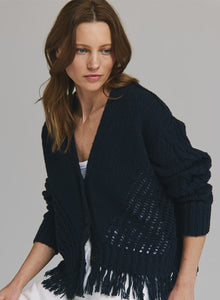 autumn cashmere Fringe Mixed Stitch Open Cardigan in Navy