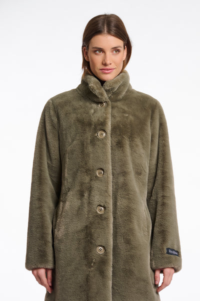 RINO & PELLE Nonna Single Breasted Faux Fur Coat in Green Ash