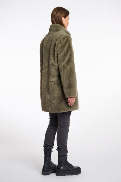 RINO & PELLE Nonna Single Breasted Faux Fur Coat in Green Ash