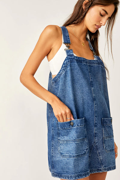 Free People Overall Smock Mini Dress in Sapphire Wash