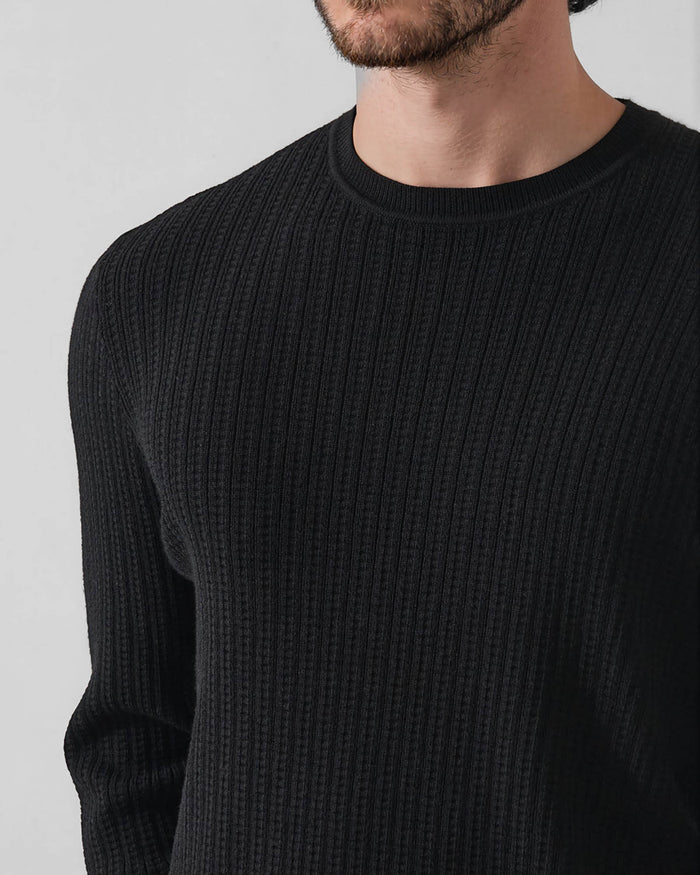Patrick Assaraf Striped Waffle Merino Wool Crewneck Sweater - Black