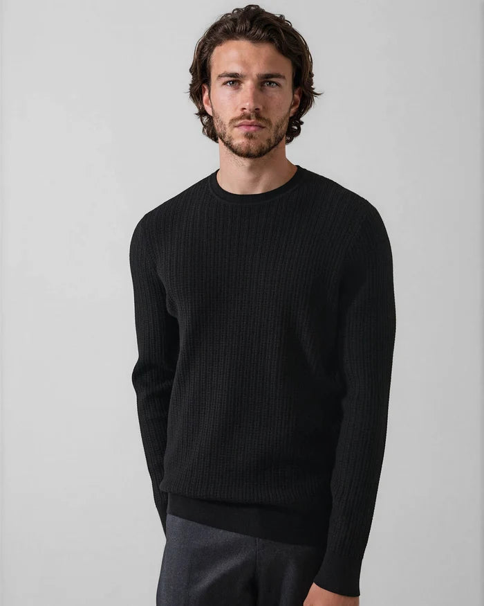 Patrick Assaraf Striped Waffle Merino Wool Crewneck Sweater - Black