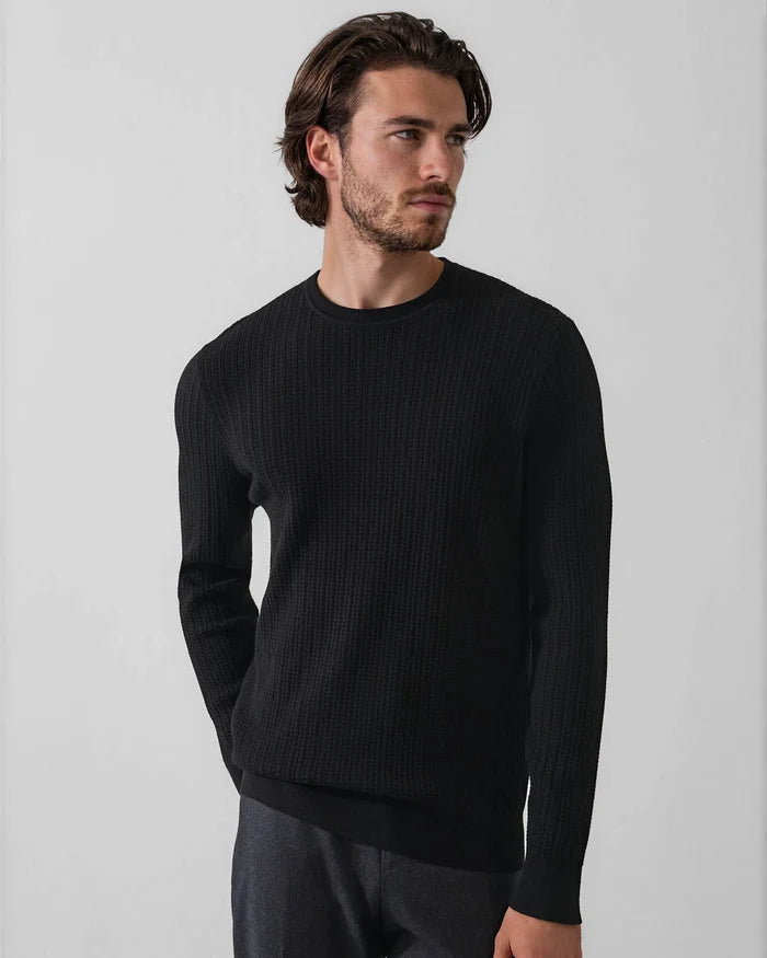 Patrick Assaraf Striped Waffle Merino Wool Crewneck Sweater - Black