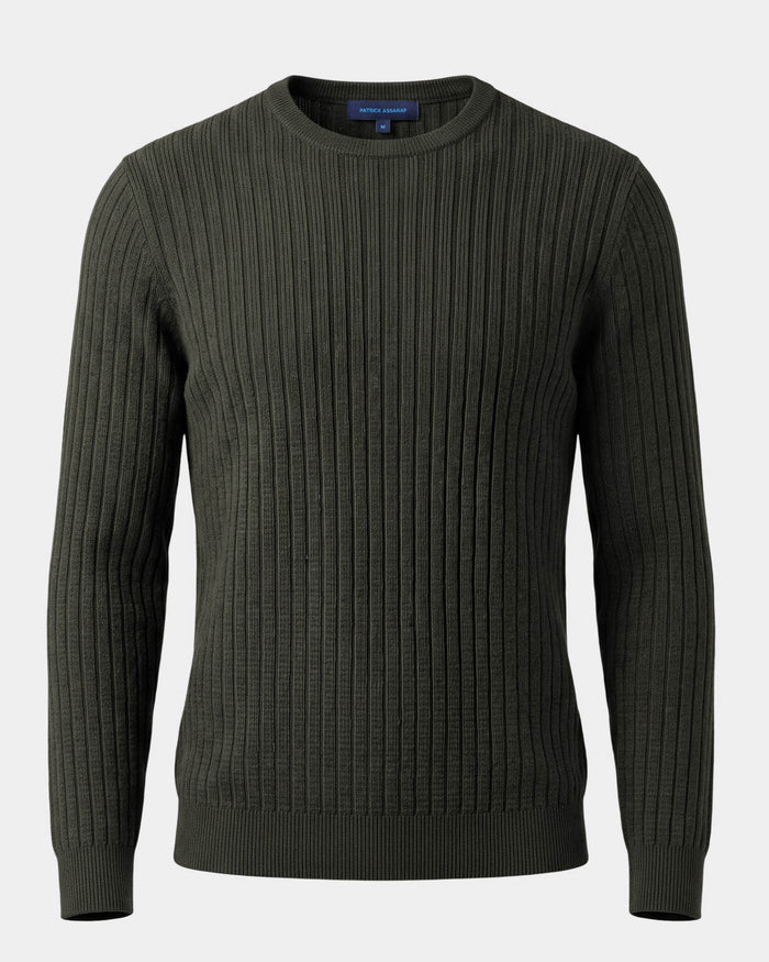 Patrick Assaraf Striped Waffle Merino Wool Crewneck Sweater - Deep Olive