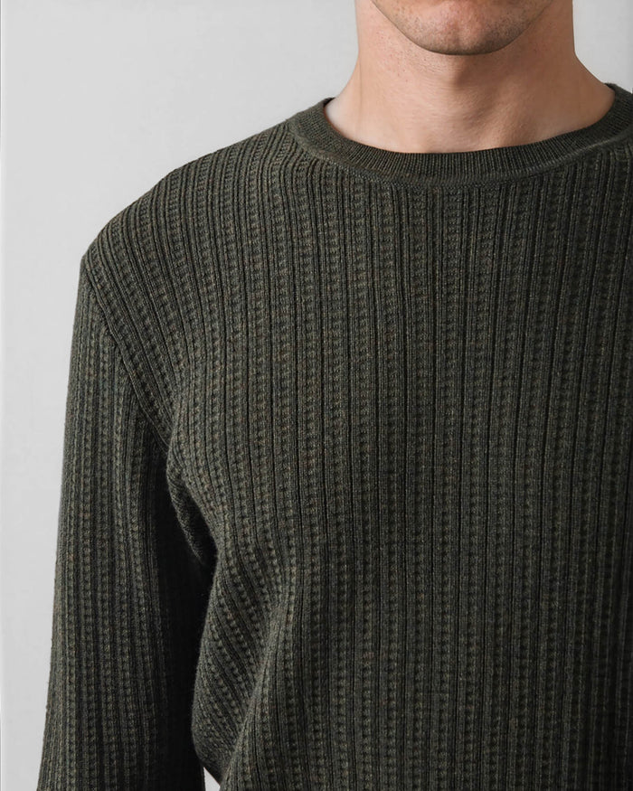 Patrick Assaraf Striped Waffle Merino Wool Crewneck Sweater - Deep Olive