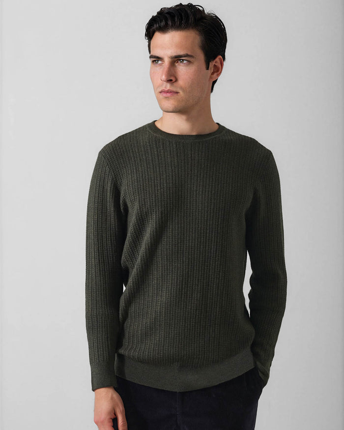 Patrick Assaraf Striped Waffle Merino Wool Crewneck Sweater - Deep Olive