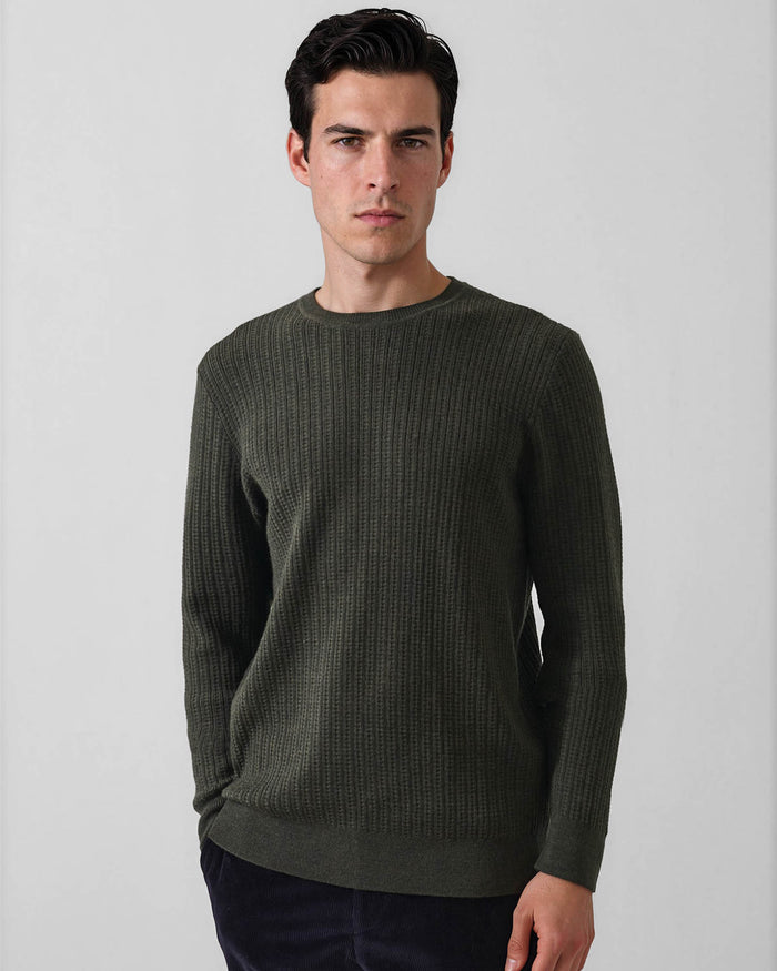 Patrick Assaraf Striped Waffle Merino Wool Crewneck Sweater - Deep Olive