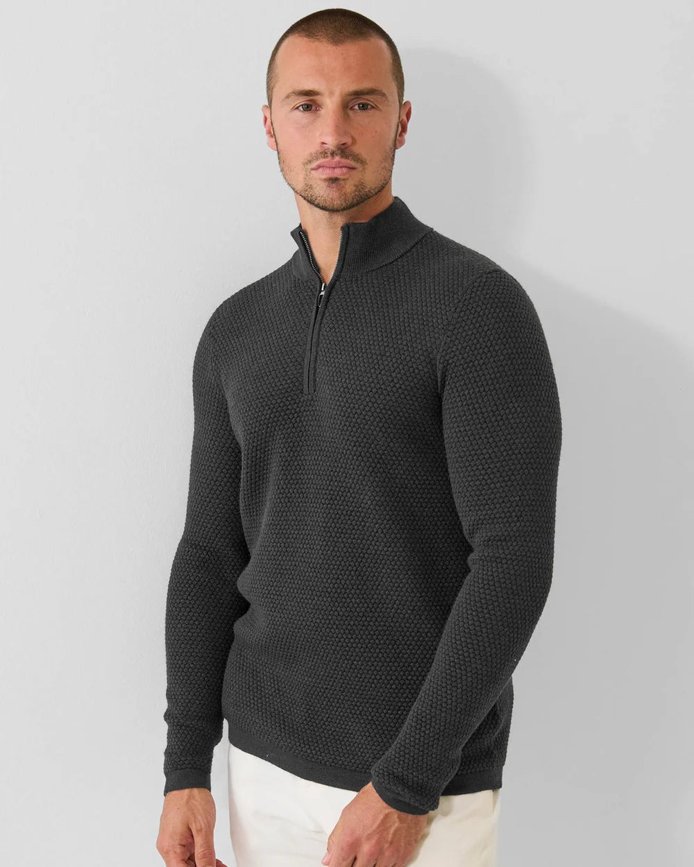 Patrick Assaraf Bubble Stitch Merino Wool 1/4 Zip Mock - Noir