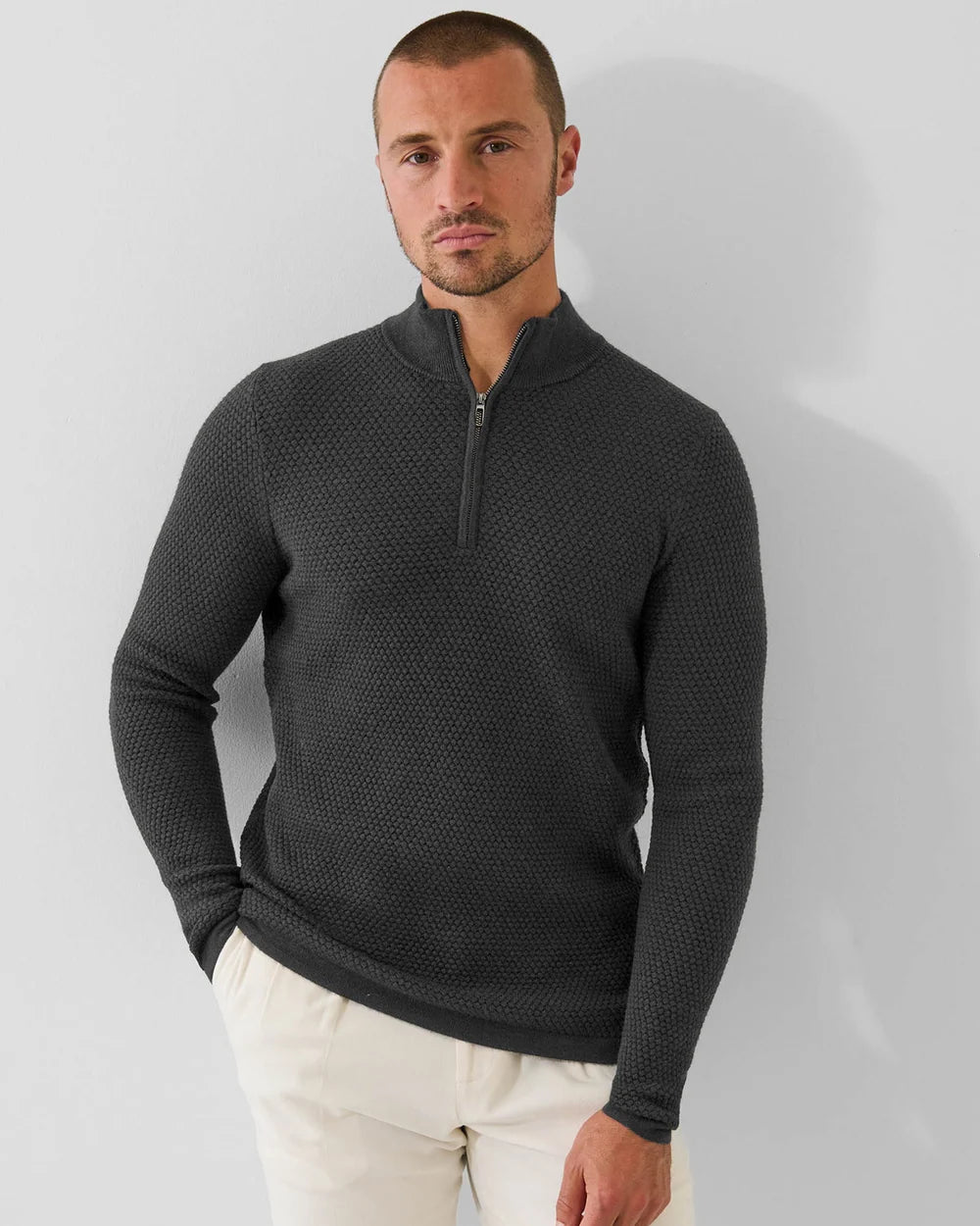 Patrick Assaraf Bubble Stitch Merino Wool 1/4 Zip Mock - Noir