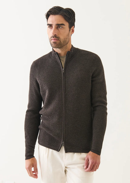 Patrick Assaraf Extra Fine Merino Bubble Stitch Mock Zip - Mahogany