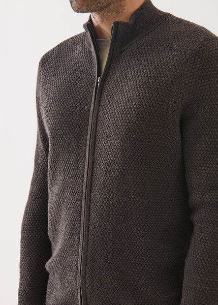 Patrick Assaraf Extra Fine Merino Bubble Stitch Mock Zip - Mahogany
