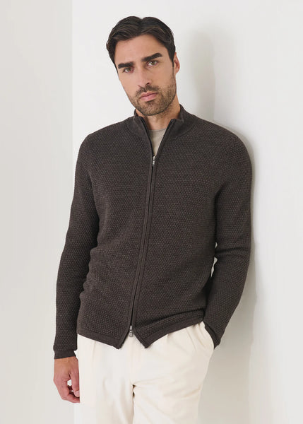 Patrick Assaraf Extra Fine Merino Bubble Stitch Mock Zip - Mahogany