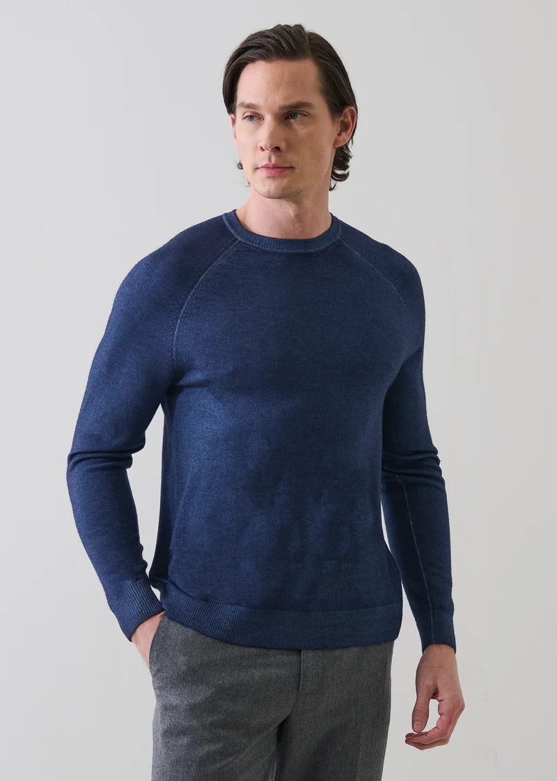 Patrick Assaraf Vintage Wash Merino Wool Raglan Crew - Denim