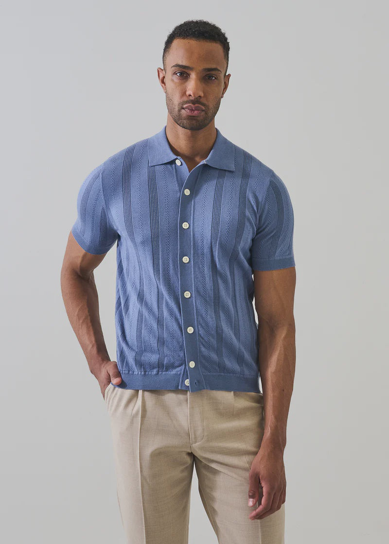 Patrick Assaraf SS Cotton Cashmere Textured Button Up Shirt - Dusky Blue