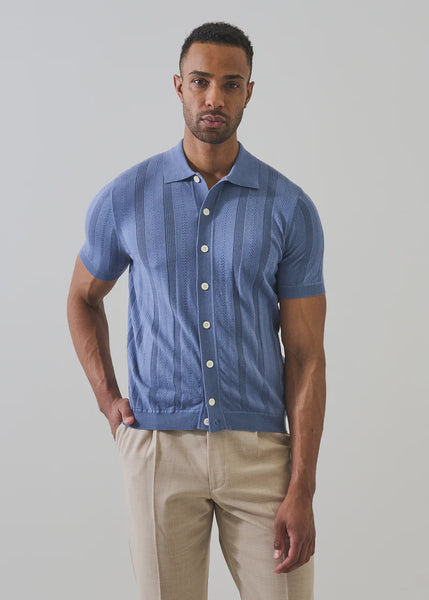 Patrick Assaraf SS Cotton Cashmere Textured Button Up Shirt - Dusky Blue