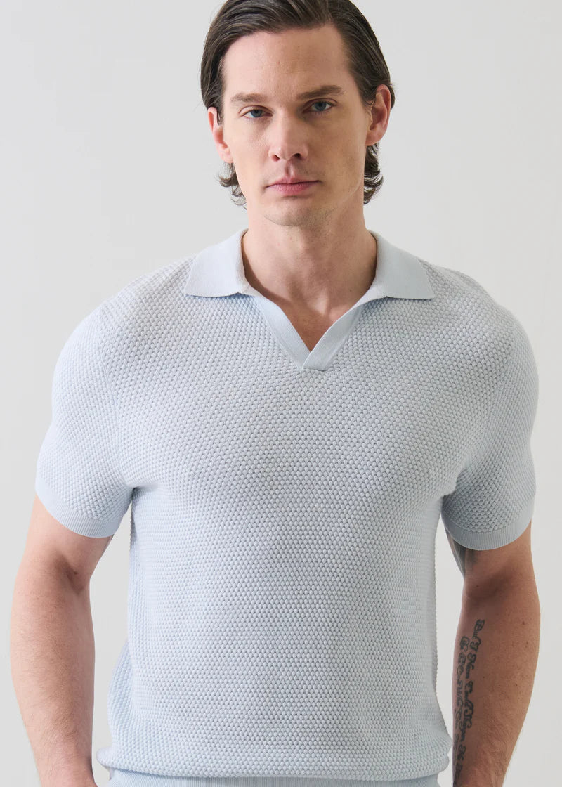 Patrick Assaraf SS Cotton Cashmere Bubble Stitch Johnny Collar Polo - Pale Blue