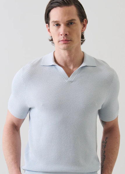 Patrick Assaraf SS Cotton Cashmere Bubble Stitch Johnny Collar Polo - Pale Blue