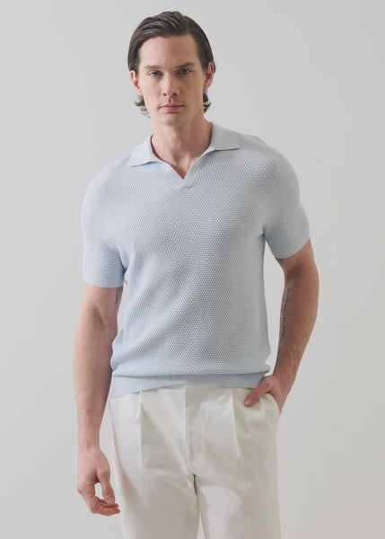 Patrick Assaraf SS Cotton Cashmere Bubble Stitch Johnny Collar Polo - Pale Blue