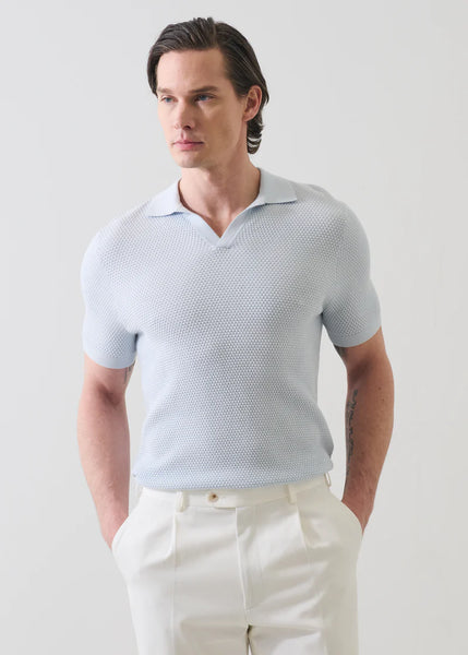 Patrick Assaraf SS Cotton Cashmere Bubble Stitch Johnny Collar Polo - Pale Blue