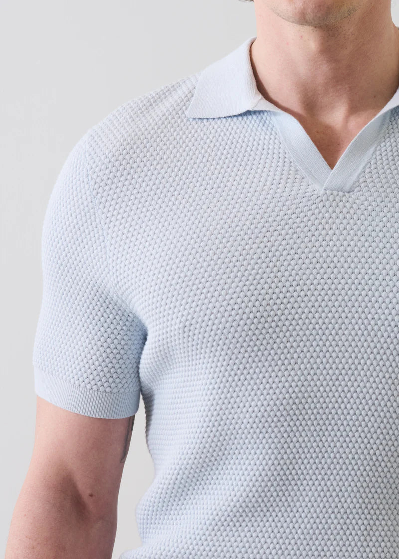 Patrick Assaraf SS Cotton Cashmere Bubble Stitch Johnny Collar Polo - Pale Blue