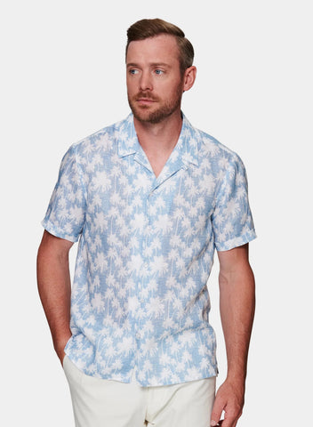 Patrick Assaraf Palm Tree S/S Linen Shirt - Sky Blue