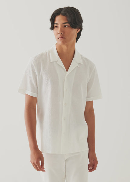 Patrick Assaraf SS Seersucker Cotton Stretch Camp Collar Shirt - White
