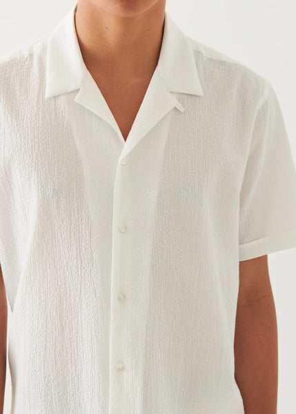 Patrick Assaraf SS Seersucker Cotton Stretch Camp Collar Shirt - White