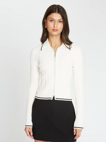 autumn cashmere Cable Zip Front Collared Jacket in Sand/Black