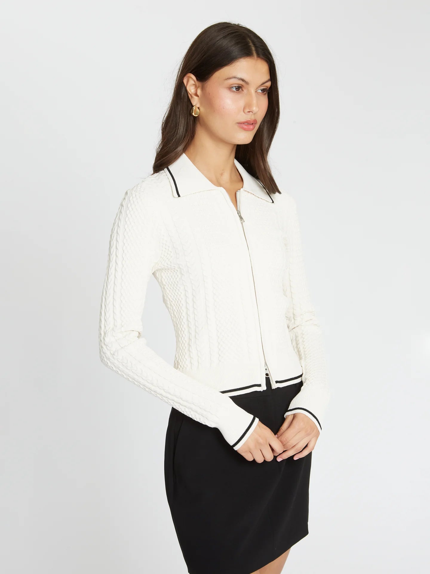 autumn cashmere Cable Zip Front Collared Jacket in Sand/Black