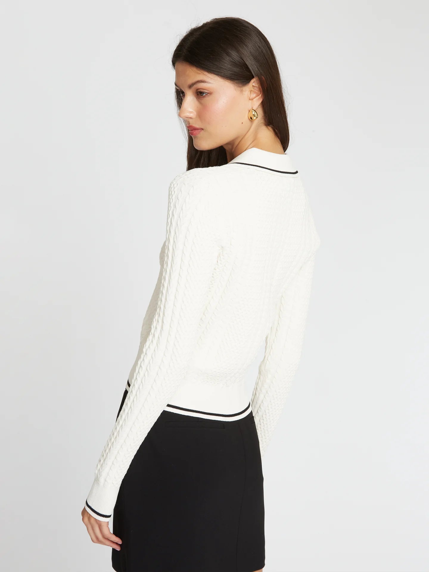 autumn cashmere Cable Zip Front Collared Jacket in Sand/Black