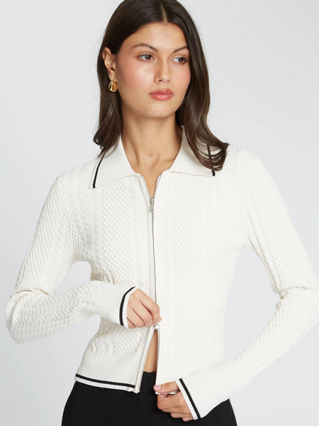 autumn cashmere Cable Zip Front Collared Jacket in Sand/Black