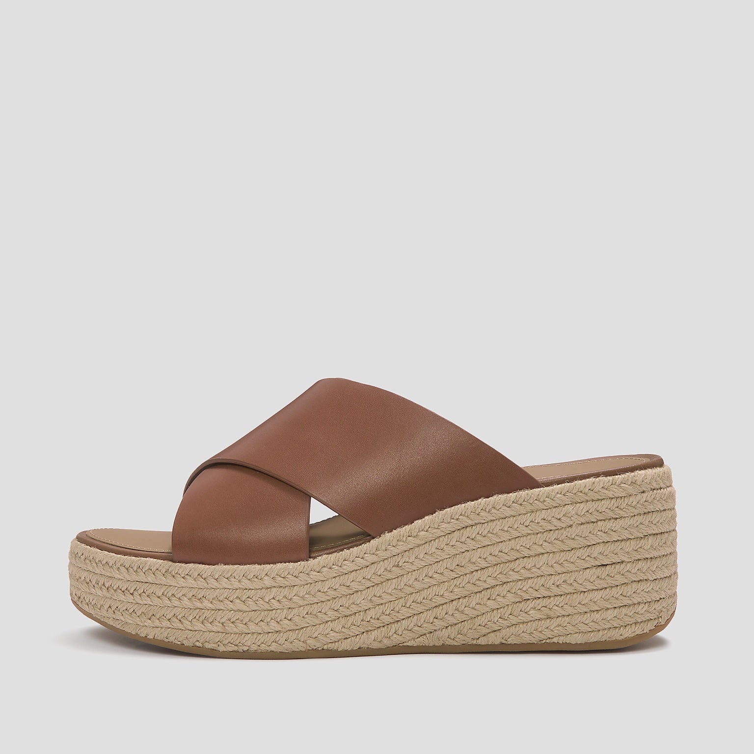 FitFlop PLATFORMS Espadrille Cross Leather Wedge Slides in Deep Tan