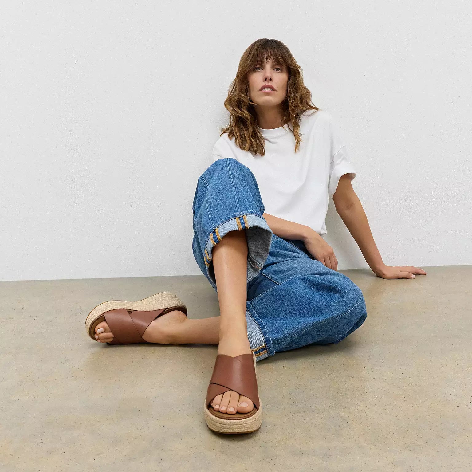 FitFlop PLATFORMS Espadrille Cross Leather Wedge Slides in Deep Tan