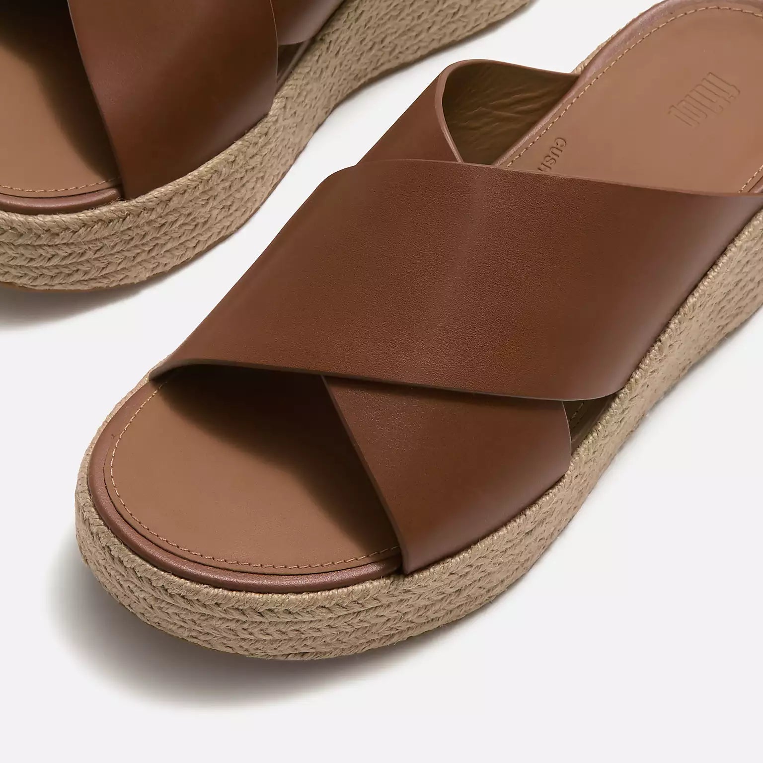 FitFlop PLATFORMS Espadrille Cross Leather Wedge Slides in Deep Tan