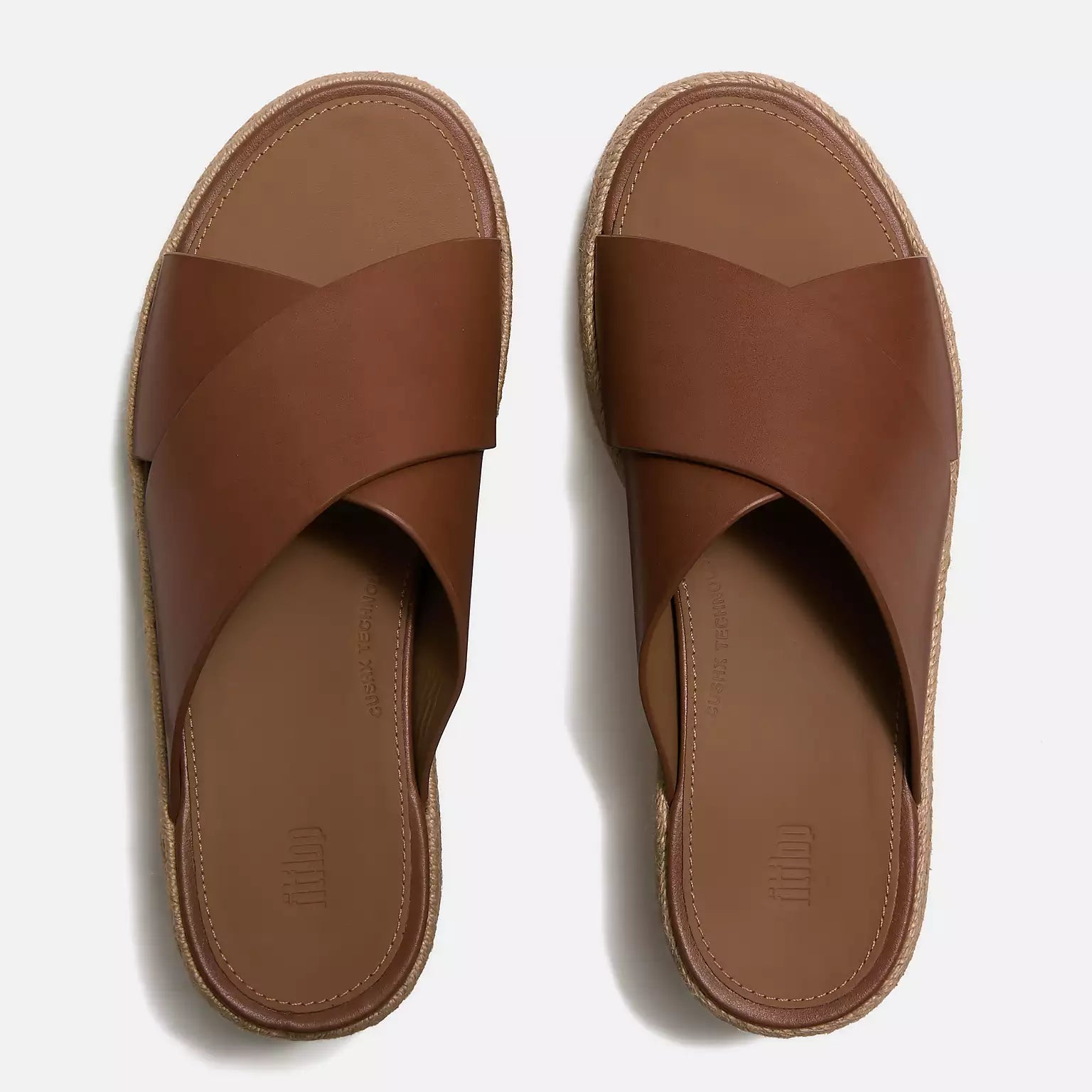 FitFlop PLATFORMS Espadrille Cross Leather Wedge Slides in Deep Tan