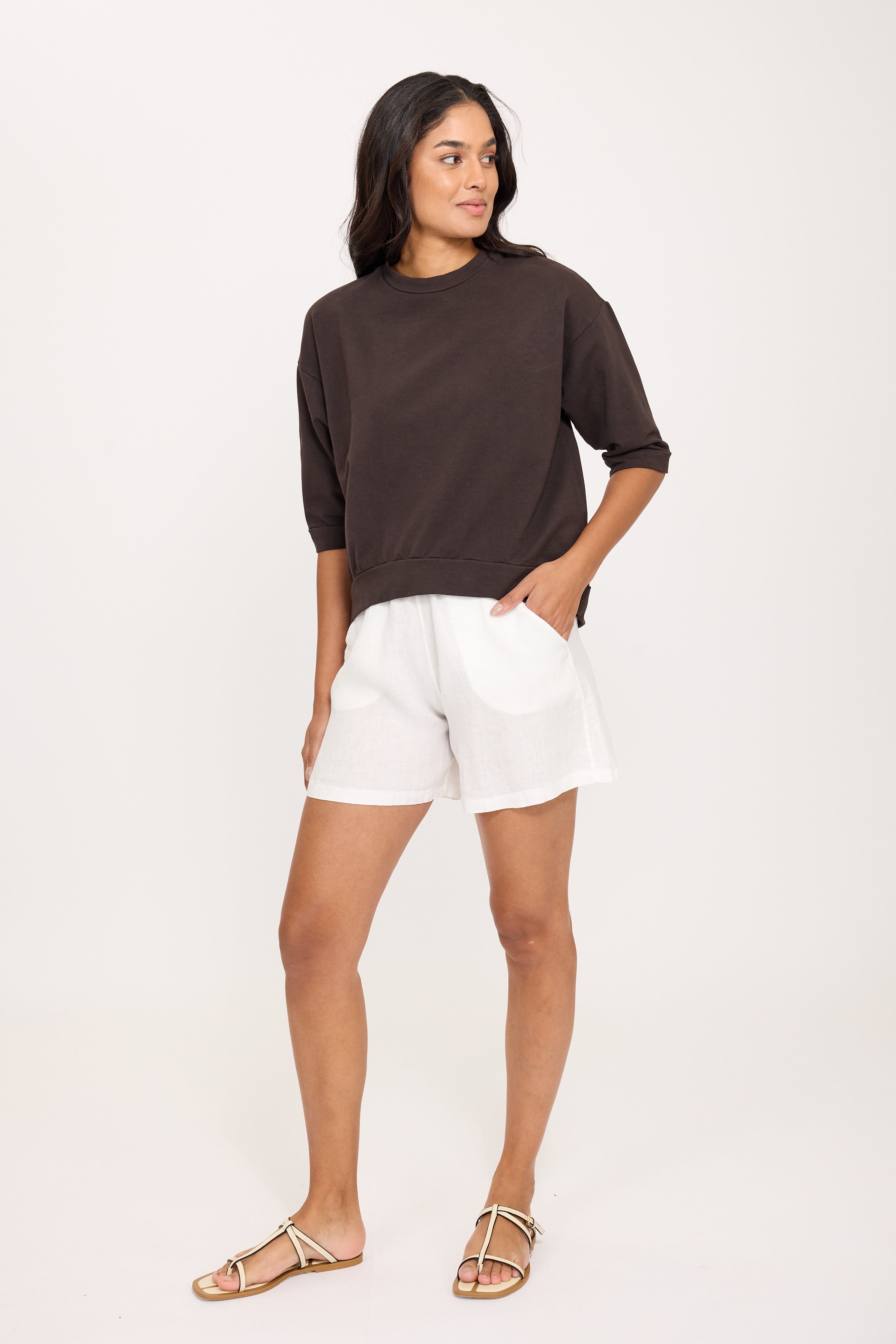 Pistache Terry Cotton 3/4 sleeve Sweatshirt in Coffee